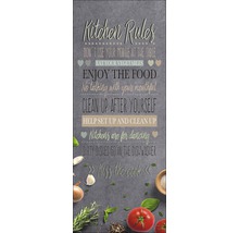 Panneau décoratif des règles de cuisine avec des instructions humoristiques et des illustrations d''aliments.