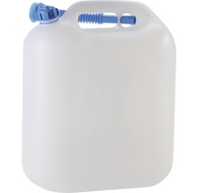 Jerrican en plastique blanc avec bouchon à vis et poignée bleus