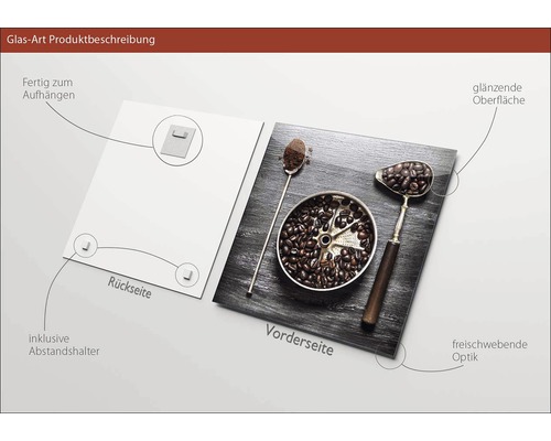 Glasbild mit Kaffee-Motiv, inklusive Aufhängung und Abstandshalter.