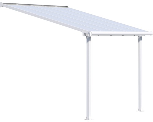 Auvent autoportant avec deux supports et couverture transparente.