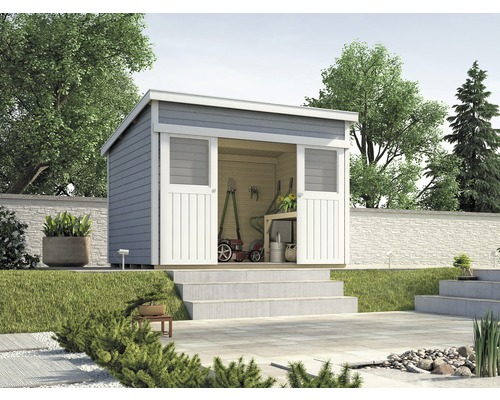 Abri de jardin à porte coulissante weka Lugano 1, avec plancher 315 x 249 cm gris Abri de jardin avec système de portes coulissantes ouvertes, devant un paysage de jardin avec pelouse et arbres