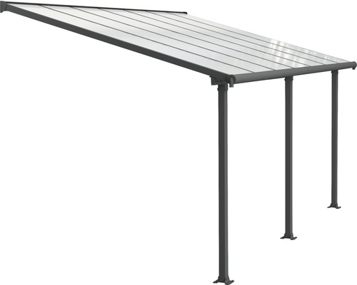 Terrassenüberdachung mit drei Stützpfosten und transparentem Dach