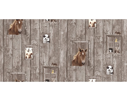 Papier peint avec motifs d''animaux sur mur en bois