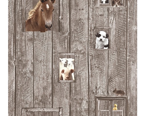 Vliestapete 35842-2 Little Stars Holz braun Pferd Tapete mit Tiermotiven wie Pferd, Hund, Katze, Schwein, Schaf, Hase und Ente auf Holzoptik