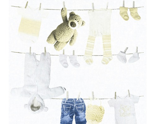 Vliestapete 35844-1 Little Starssachen Teddy Jeans Wäscheleine mit Babykleidung und Teddybär