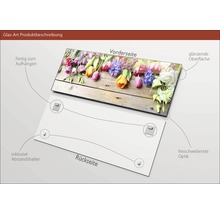 Tableau en verre avec motif floral, incluant suspension et entretoises