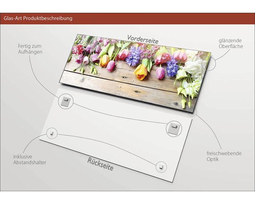 Glasbild mit Blumenmotiv, inklusive Aufhängung und Abstandshalter