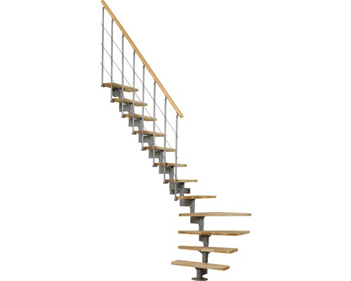 Escalier à limon central Pertura Kolina gris perle 76 cm garde-corps à barres verticales hêtre bois lamellé-collé verni 12 marches 13 pas de marche