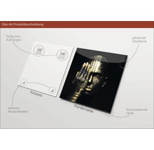 Glasbild mit Aufhängevorrichtung, Abstandshalter, glänzender Oberfläche und freischwebender Optik