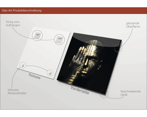 Glasbild mit Aufhängevorrichtung, Abstandshalter, glänzender Oberfläche und freischwebender Optik