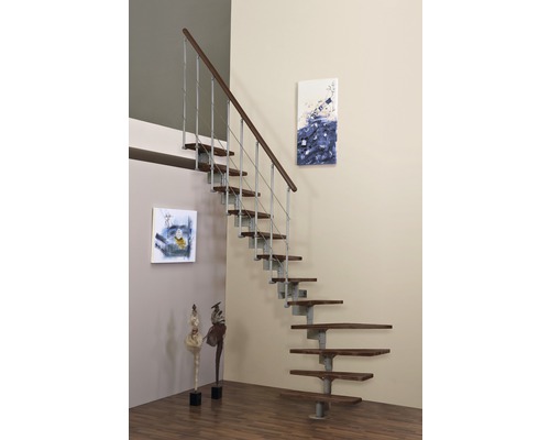 Escalier à limon central Pertura Kolina gris perle 76 cm garde-corps à barres verticales noyer vernis 12 marches 13 pas de marche