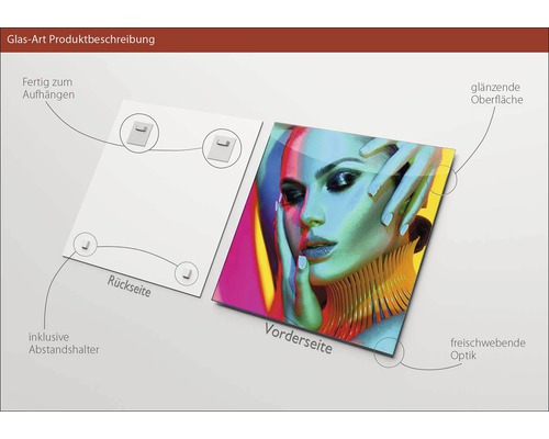 Glasbild mit Motiv einer Frau, inklusive Abstandshalter zur Aufhängung