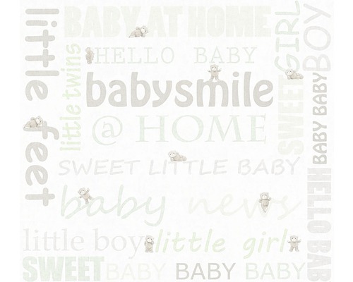 Papier peint intissé 35847-2 Little Stars écriture beige-vert clair Papier peint avec motifs de bébé et inscriptions.