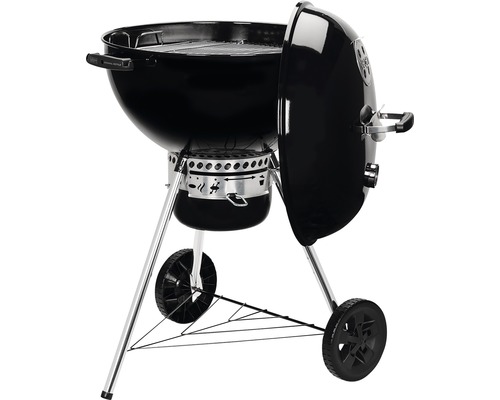 Barbecue sphérique avec couvercle ouvert et châssis