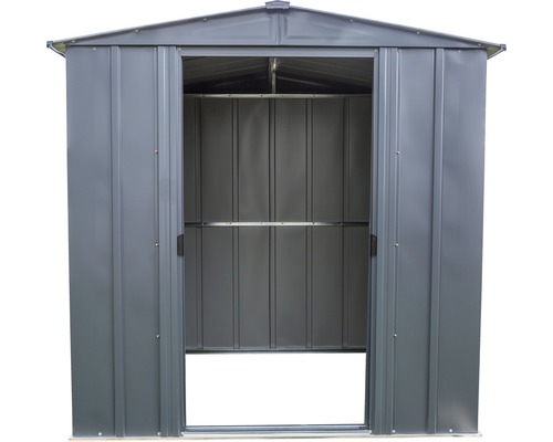 Metall Gerätehaus mit geöffneten Schiebetüren