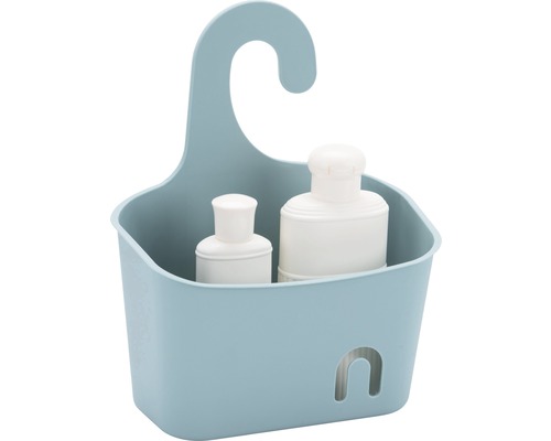 Duschablage aus Kunststoff mit Haken zur Aufhängung und zwei weißen Flaschen