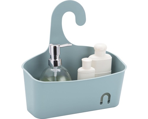 Duschregal mit Haken und verschiedenen Badezimmerartikeln.