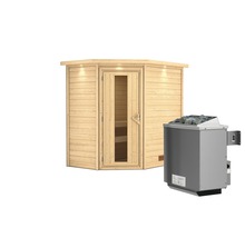 Blockbohlensauna Karibu Svea inkl. 9 kW Ofen u.integr.Steuerung mit Dachkranz und Holztüre mit Isolierglas wärmegedämmt-thumb-3