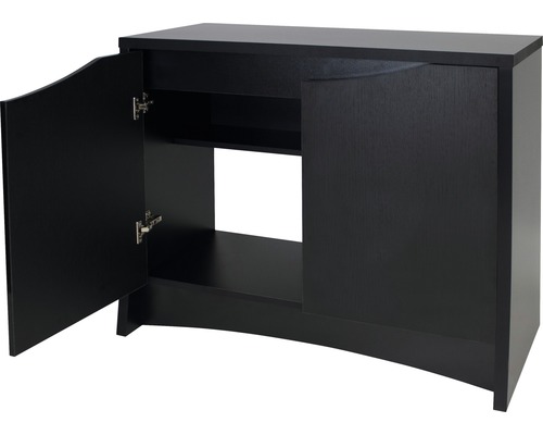 Meuble bas noir avec deux portes et étagères