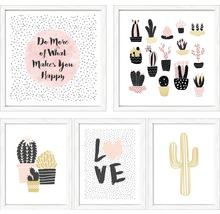 Cinq tableaux muraux encadrés avec des motifs de cactus et des messages positifs