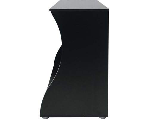 Meuble bas d''aquarium noir avec roulettes, vue latérale