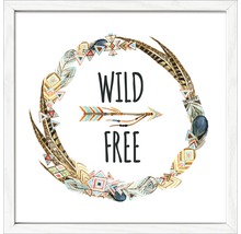 Image encadrée avec des plumes, une flèche et le texte Wild Free