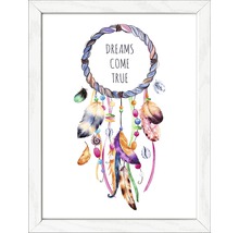"Image encadrée avec un attrape-rêves, des plumes et le texte ""Dreams Come True""."
