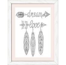 Image décorative avec flèches, plumes et les mots rêve et amour dans un cadre blanc
