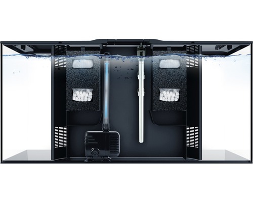 Vue intérieure d''un aquarium avec filtre, pompe et thermoplongeur