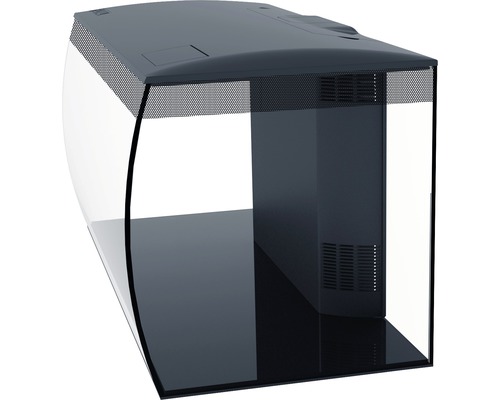 Aquarium avec façade en verre incurvée et système de filtration