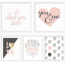 Fünf gerahmte Bilder mit Motiven zum Thema Liebe