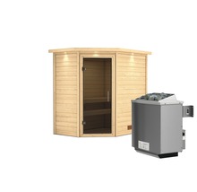 Sauna en madriers Karibu Svea avec poêle 9 kW et commande intégrée avec couronne et porte entièrement vitrée couleur graphite-thumb-3