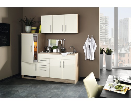 Held Möbel Singleküche mit Geräten Toronto 180 cm Frontfarbe creme hochglanz Korpusfarbe sonoma eiche zerlegt
