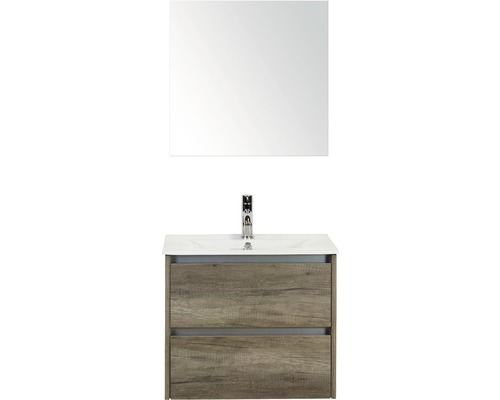 Set de meubles de salle de bains Sanox Dante lxhxp 61 x 170 x 45,5 cm couleur de façade nebraska oak avec vasque en céramique blanc et vasque en céramique miroir meuble sous vasque