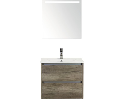 Badmöbel-Set Sanox Dante BxHxT 61 x 170 x 45,5 cm Frontfarbe nebraska oak mit Waschtisch Keramik schwarz und Spiegel mit LED-Beleuchtung Waschtischunterschrank Keramik-Waschtisch