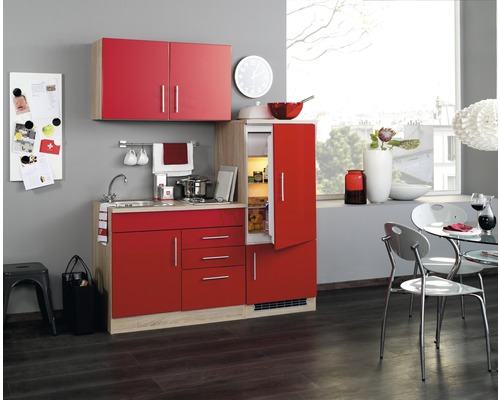 Held Möbel Singleküche mit Geräten Toronto 160 cm Frontfarbe rot matt Korpusfarbe sonoma eiche zerlegt