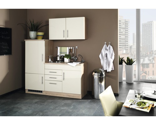 Held Möbel Singleküche mit Geräten Toronto 160 cm Frontfarbe creme hochglanz Korpusfarbe sonoma eiche zerlegt