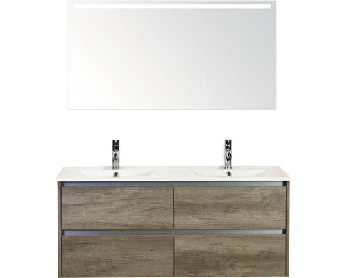 Badmöbel-Set Sanox Dante BxHxT 121 x 170 x 46 cm Frontfarbe nebraska oak mit Waschtisch Keramik weiß und Keramik-Doppelwaschtisch Spiegel mit LED-Beleuchtung Waschtischunterschrank