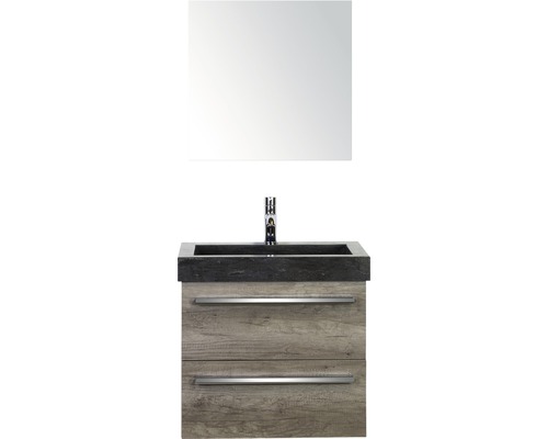Set de meubles de salles de bains Sanox Seville lxhxp 61 x 170 x 45,5 cm couleur de façade nebraska oak avec vasque en pierre naturelle noir et meuble sous vasque vasque miroir