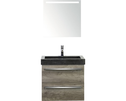 Set de meubles de salles de bains Sanox Seville lxhxp 61 x 170 x 45,5 cm couleur de façade nebraska oak avec vasque en pierre naturelle noir et meuble sous vasque vasque miroir avec éclairage LED
