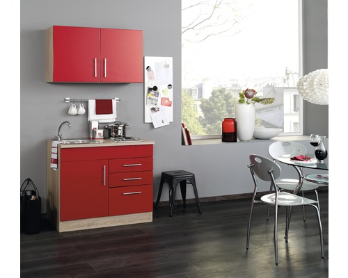 Held Möbel Miniküche mit Geräten Toronto 100 cm Frontfarbe rot hochglanz Korpusfarbe sonoma eiche zerlegt-0