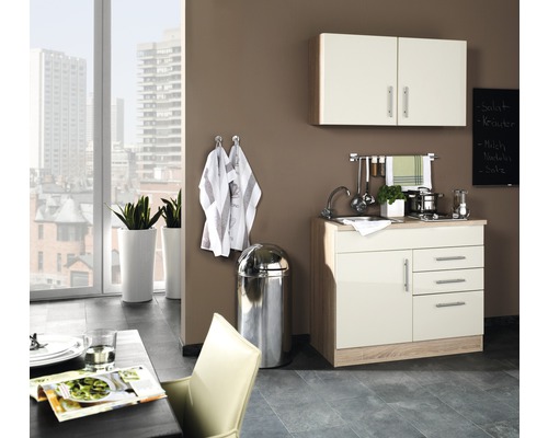 Held Möbel Miniküche mit Geräten Toronto 100 cm creme matt zerlegt 973.6509 Kompakte Küchenzeile mit Spüle, Hängeschrank und Edelstahl-Abfalleimer in modernem Interieur.