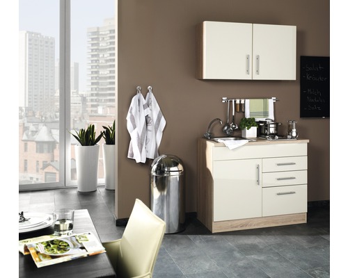 Kitchenette équipée Held Möbel Toronto 100 cm façade crème mate, corps chêne sonoma