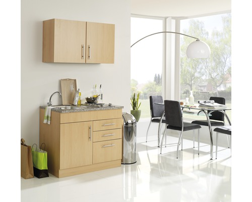 Mini cuisine Held Möbel avec appareils Toronto 100 cm hêtre mat démontée 973.6510 Scène de cuisine avec meuble sous-évier, meuble haut et coin repas