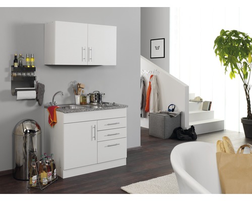 Mini cuisine Held Möbel avec appareils Toronto 100 cm blanc mat démontée 973.6513 Cuisine compacte avec évier, plaque de cuisson, armoires et espace de rangement dans un espace de vie moderne.