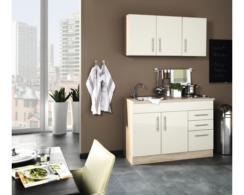 Kitchenette équipée Held Möbel Toronto 120 cm façade crème à haute brillance, corps chêne sonoma