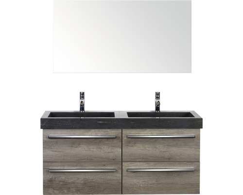 Set de meubles de salle de bains Sanox Seville lxhxp 121 x 170 x 45,5 cm couleur de façade nebraska oak avec vasque en pierre naturelle noir et double vasque en pierre naturelle meuble sous vasque double vasque miroir