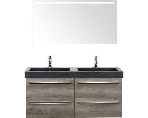 Badmöbel-Set Sanox Seville BxHxT 121 x 170 x 45,5 cm Frontfarbe nebraska oak mit Waschtisch Naturstein schwarz und Waschtischunterschrank Doppelwaschtisch Spiegel mit LED-Beleuchtung