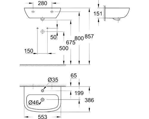Schéma technique d''un lavabo avec les dimensions