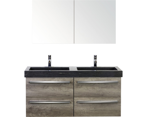 Set de meubles de salle de bains Sanox Seville lxhxp 121 x 170 x 45,5 cm couleur de façade nebraska oak avec vasque en pierre naturelle noir